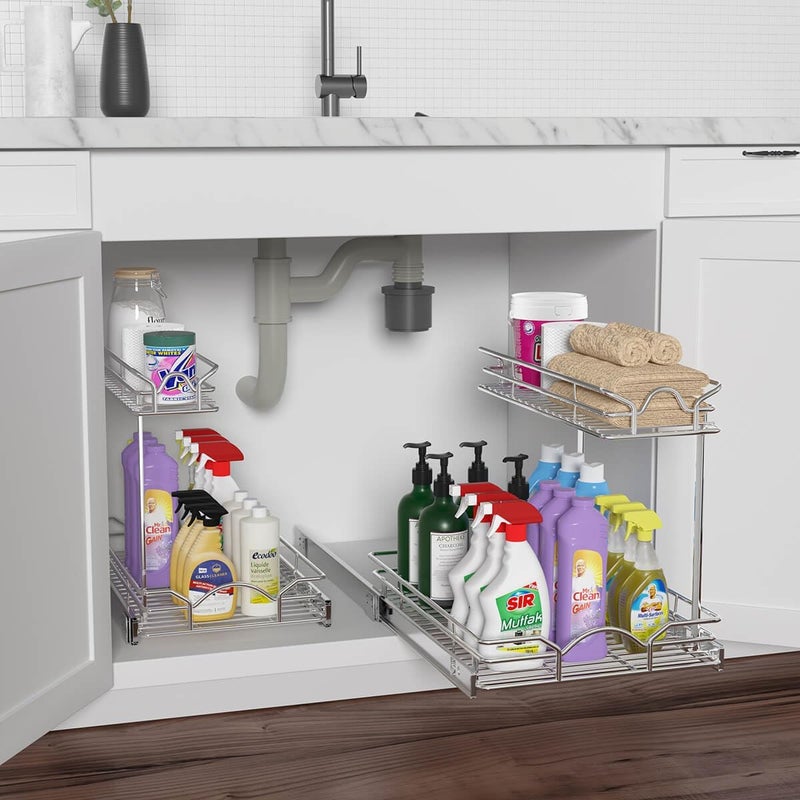 OCG Under Sink Cabinet Organizer Two Tier Pull Out Shelf (11.75W x21D), Under Sink Sliding Shelf for Kitchen Bathroom Cabinet 2 Tier Chrome - Image 4